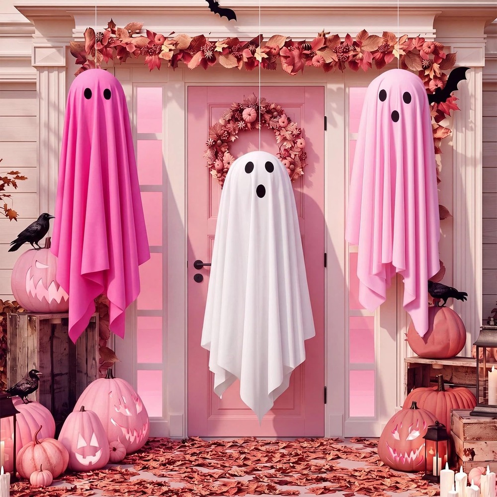 NWT 3 Pc Pink Halloween Hanging Ghost Decorations Outdoor Porch 30"
